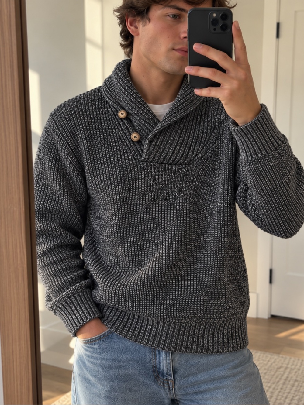 Cabin Sweater Shawl Collar Charcoal Gray Marl Heavy Ribbed Knit Large